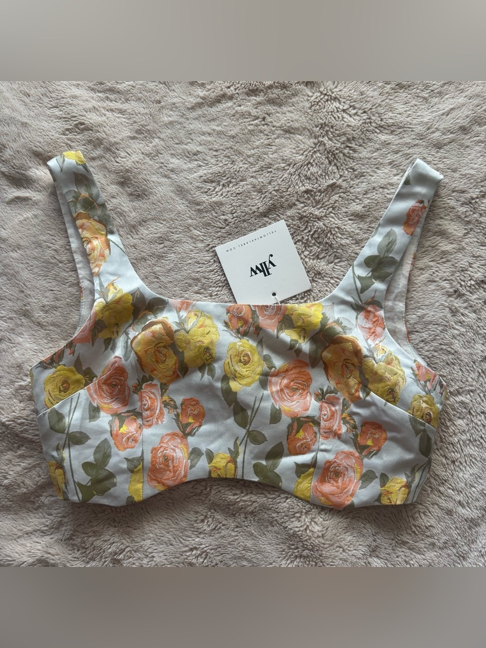 YLLW In The Garden Crop Top Shirt Blouse Sleeveless Floral yellow the label MED